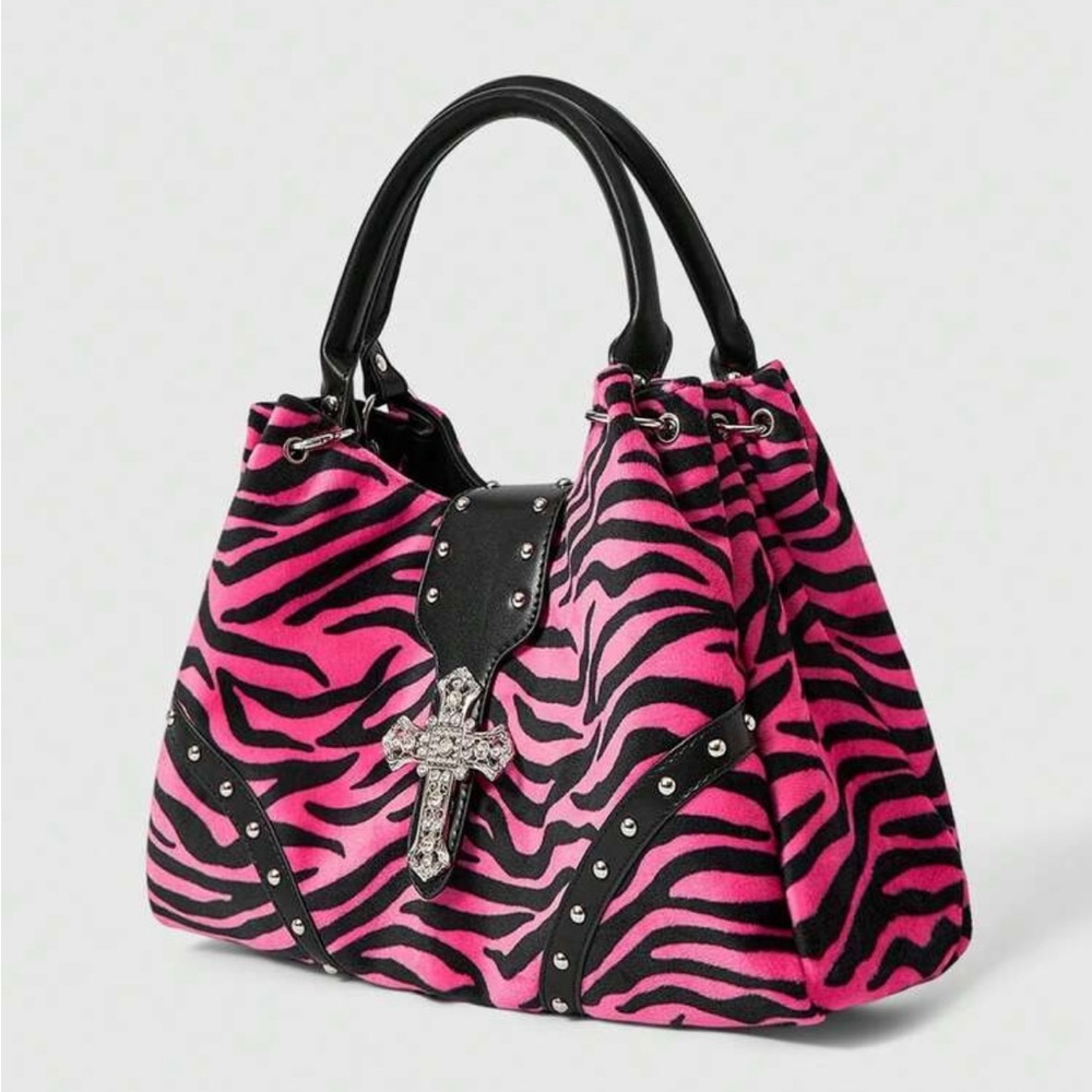 Pink Zebra Print Tote Bag with Cross Accent - Picture 2 of 4